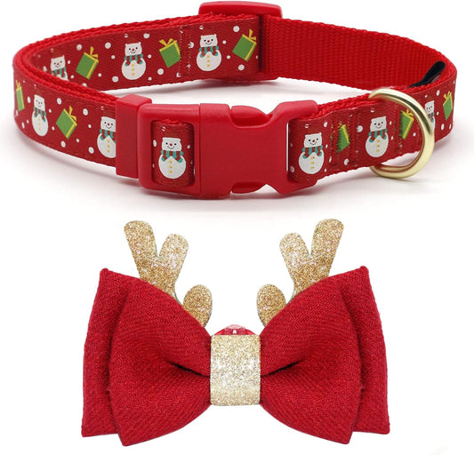 Christmas Dog Collar with Antler Bow Tie for Medium Dogs