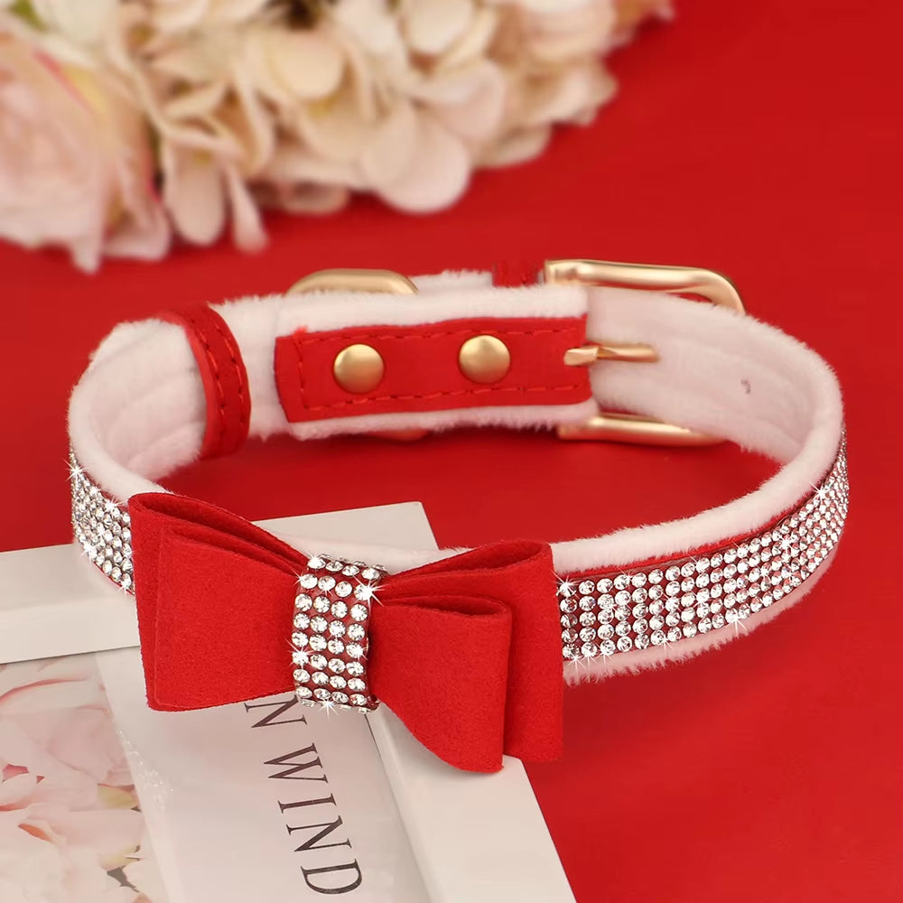 Warm Fur Dog Bow Collar Suede Leather Puppy Dogs Collars Rhinestone Bowtie Pet Necklace for Small Medium Dogs Cats Chihuahua