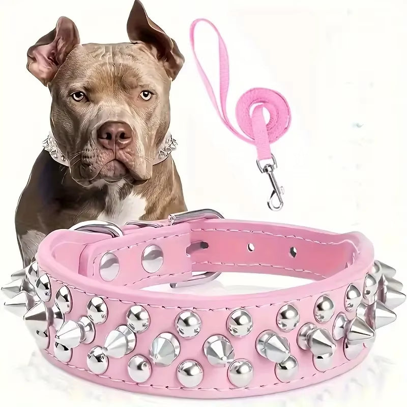 Spiked Dog Collar and Leash Set, Rivet Leather Dog Collar Adjustable Dog Collar for Outdoor Walking