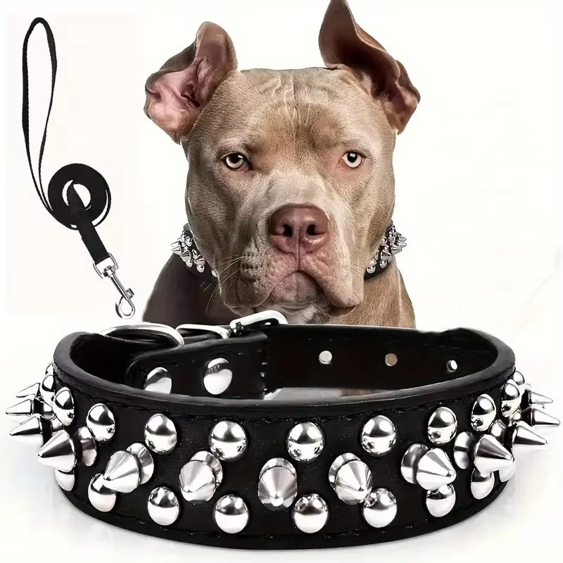 Spiked Dog Collar and Leash Set, Rivet Leather Dog Collar Adjustable Dog Collar for Outdoor Walking