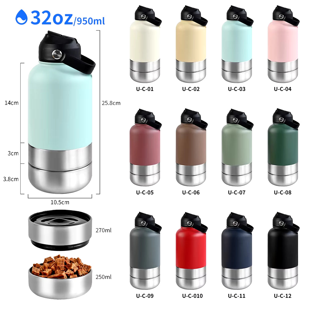 32Oz 3 in 1 Stainless Steel Dog Water Bottle 1000Ml Outdoor Travel Portable Pet Insulated Feeder Dog Bowl Food Bottle