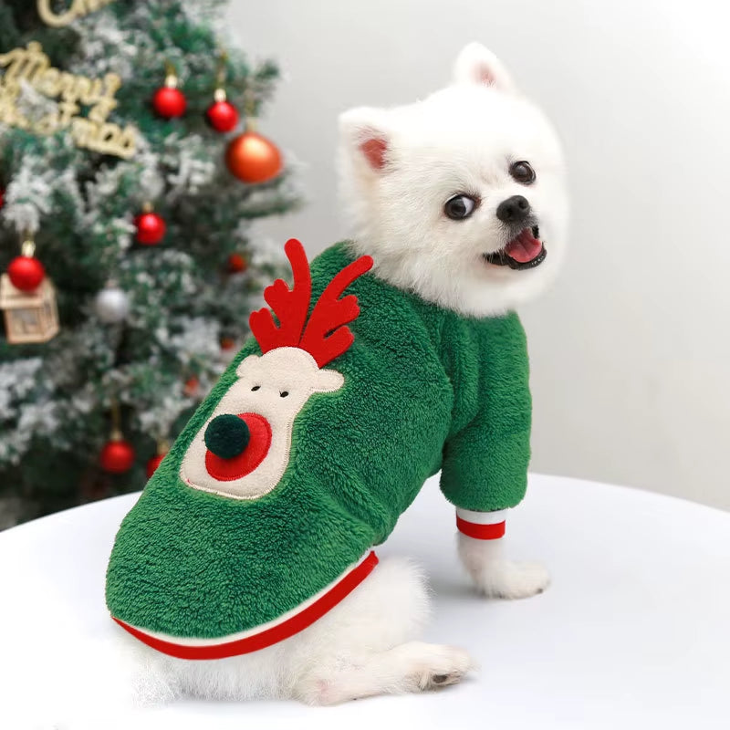 Pet Christmas Hoodie Coral Fleece Suitable for Small Dogs and Cats with Elastic Sleeves Cute Reindeer Warm Winter