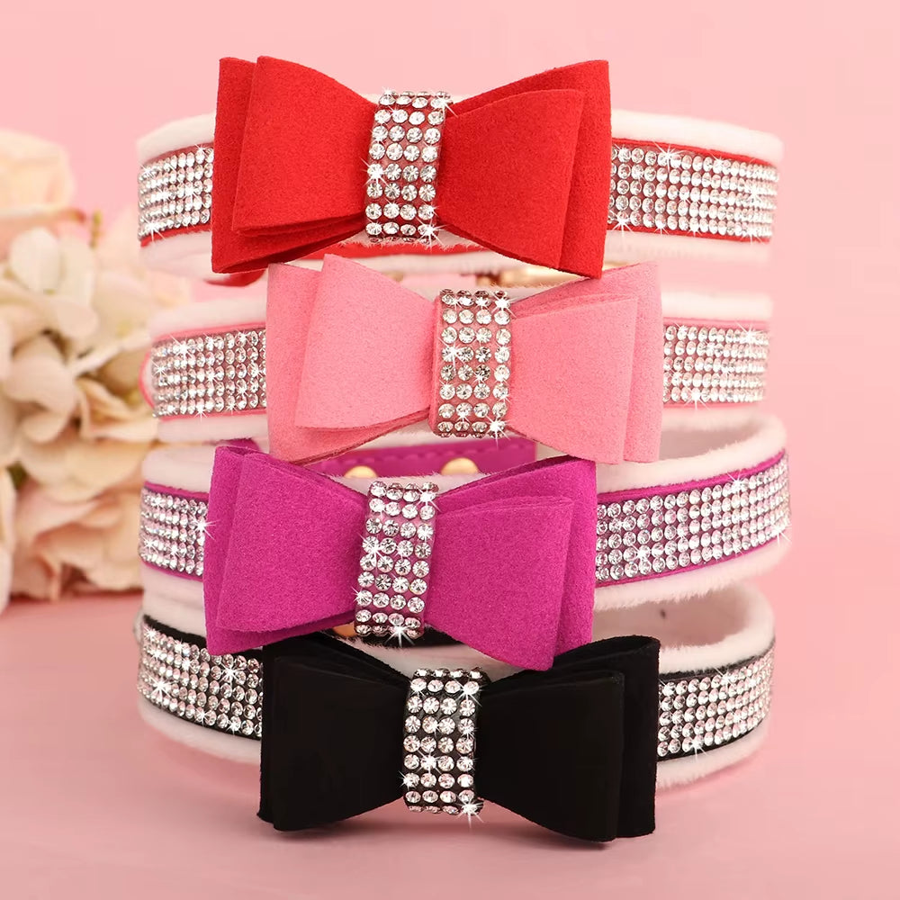 Warm Fur Dog Bow Collar Suede Leather Puppy Dogs Collars Rhinestone Bowtie Pet Necklace for Small Medium Dogs Cats Chihuahua