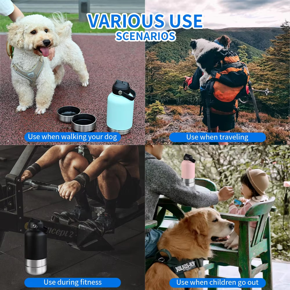 32Oz 3 in 1 Stainless Steel Dog Water Bottle 1000Ml Outdoor Travel Portable Pet Insulated Feeder Dog Bowl Food Bottle