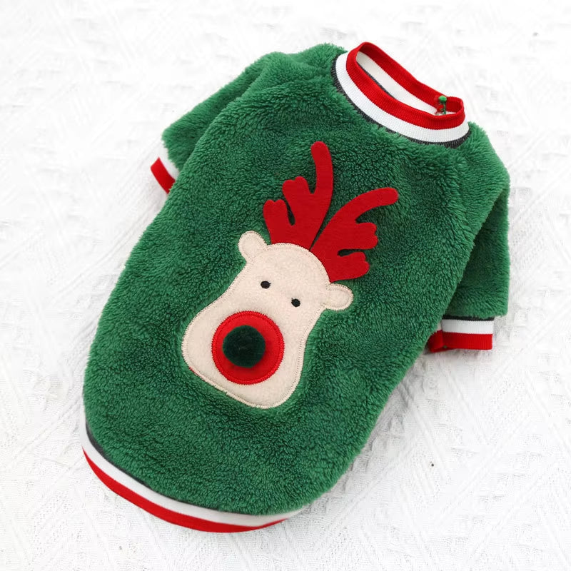 Pet Christmas Hoodie Coral Fleece Suitable for Small Dogs and Cats with Elastic Sleeves Cute Reindeer Warm Winter