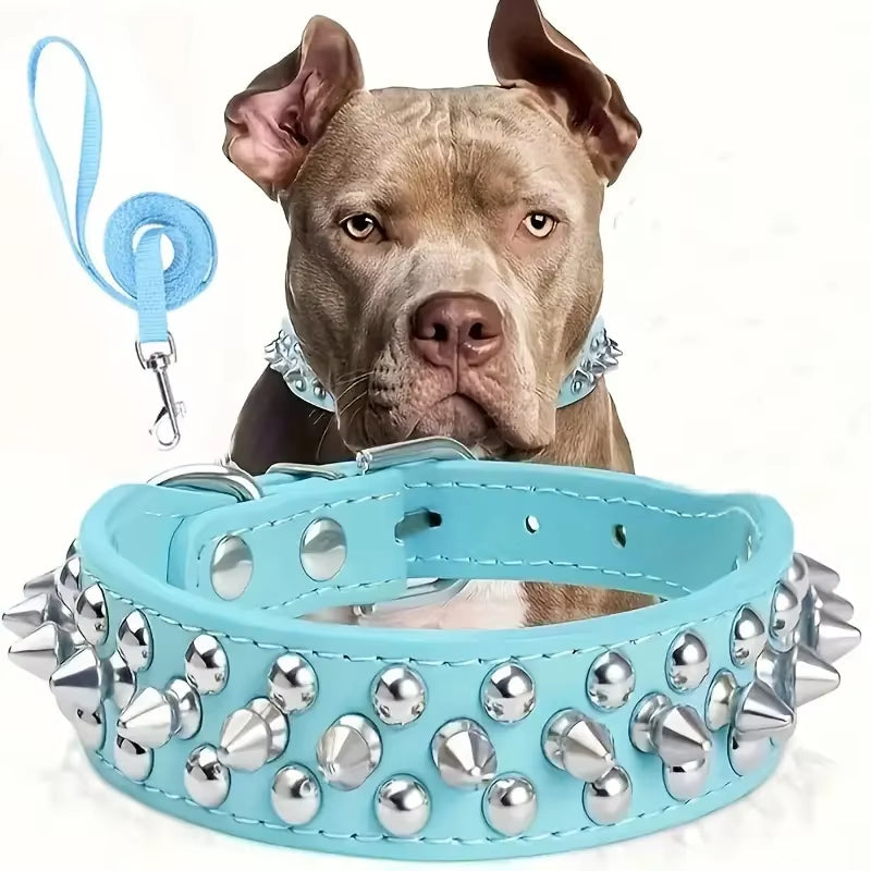 Spiked Dog Collar and Leash Set, Rivet Leather Dog Collar Adjustable Dog Collar for Outdoor Walking