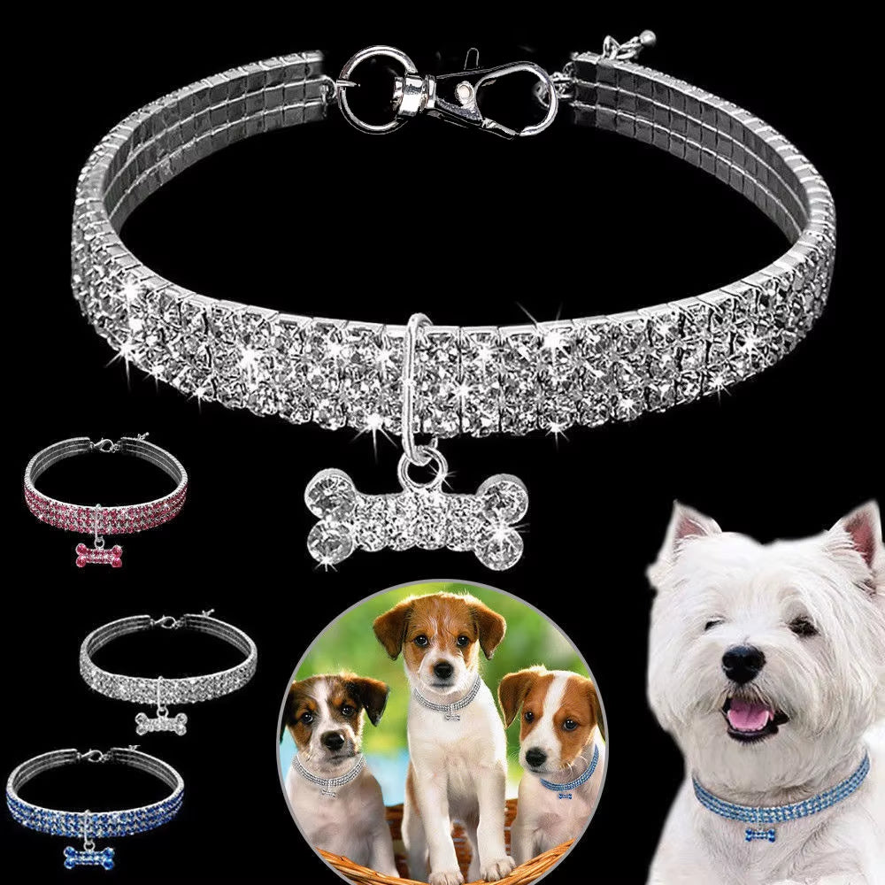 1Pcs Luxury Dog Collar for Big Small Dog Luxuryglitter Jeweled Bone Pendent Luxury Elastic Crystal Dog Collar Dog Accessories