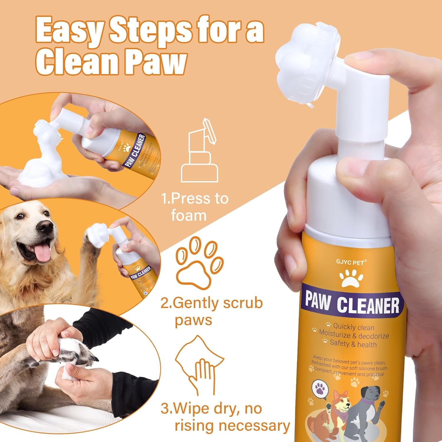 Paw Cleaner for Dogs and Cats,Magic Foam - Clean Paws No-Rinse Foaming Cleanser-Dry Shampoo, Foot Cleaner Brush - with Rose Extract, Odor Control Wash - Good for Puppy