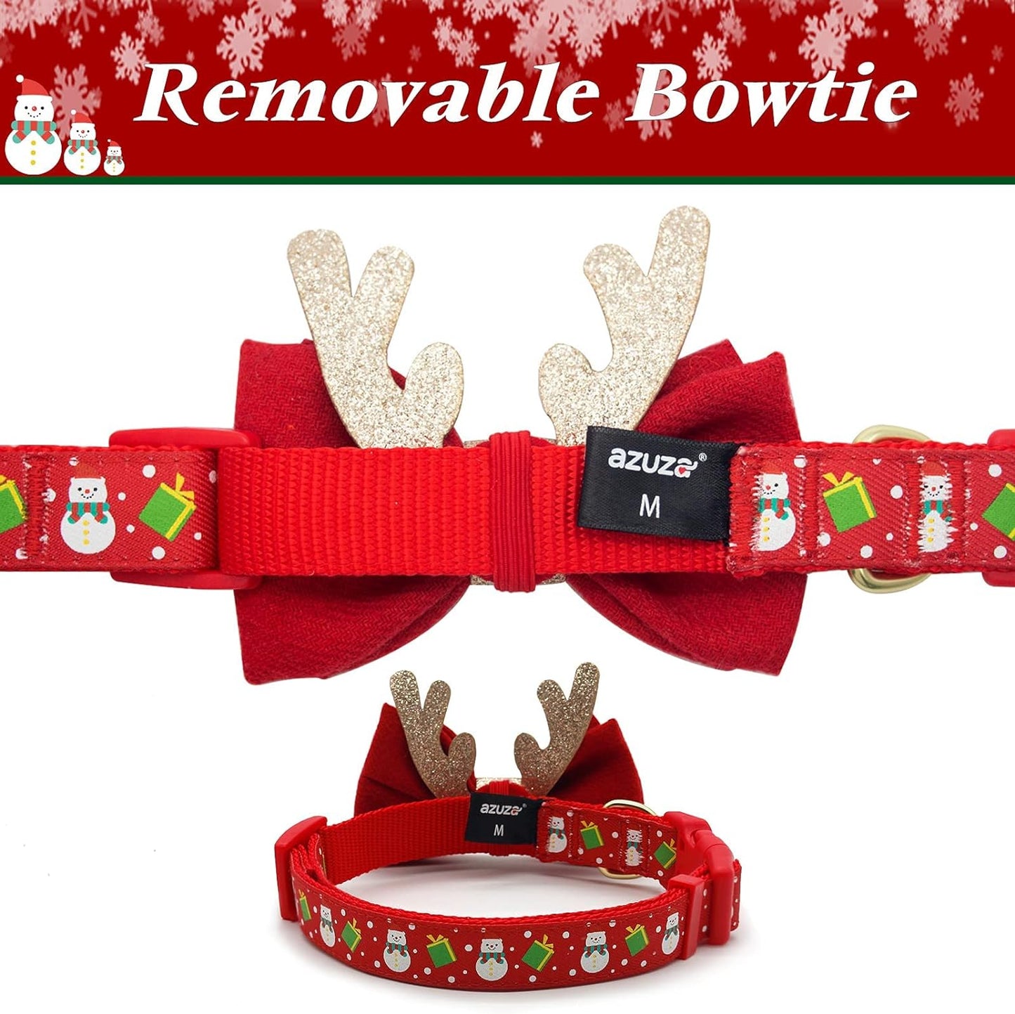 Christmas Dog Collar with Antler Bow Tie for Medium Dogs