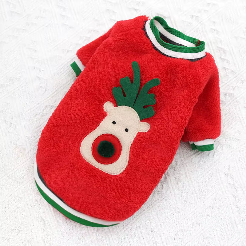 Pet Christmas Hoodie Coral Fleece Suitable for Small Dogs and Cats with Elastic Sleeves Cute Reindeer Warm Winter