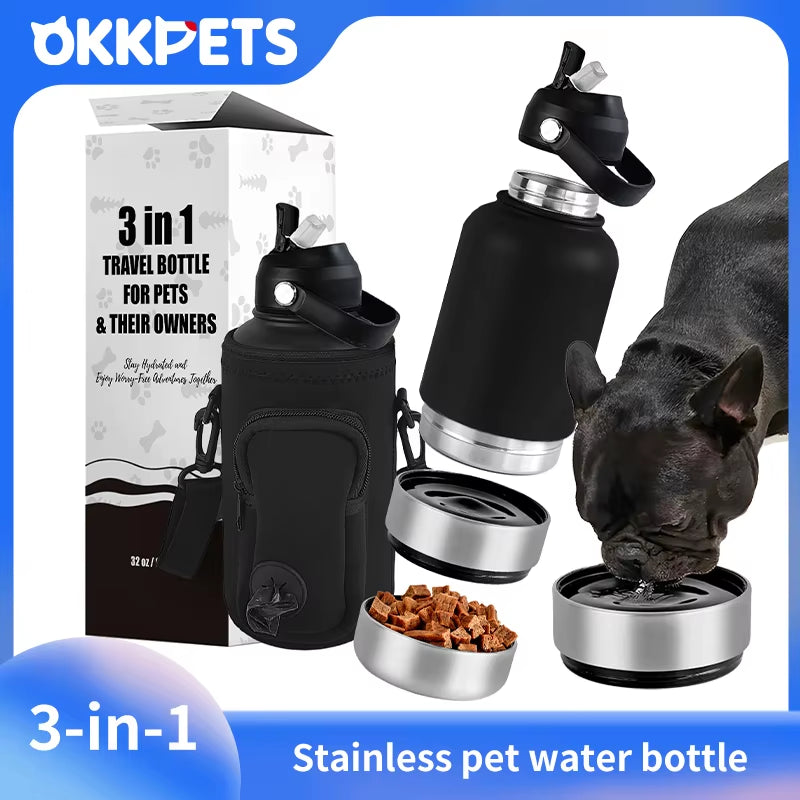 32Oz 3 in 1 Stainless Steel Dog Water Bottle 1000Ml Outdoor Travel Portable Pet Insulated Feeder Dog Bowl Food Bottle