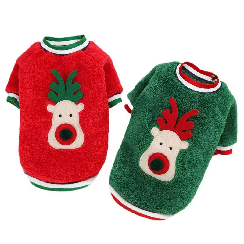 Pet Christmas Hoodie Coral Fleece Suitable for Small Dogs and Cats with Elastic Sleeves Cute Reindeer Warm Winter