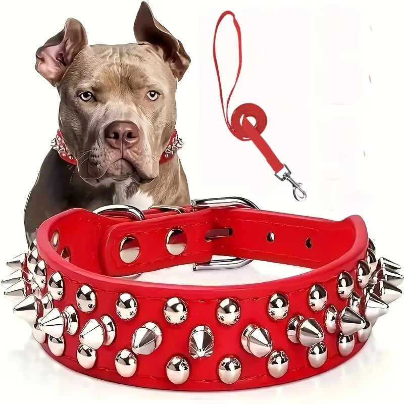 Spiked Dog Collar and Leash Set, Rivet Leather Dog Collar Adjustable Dog Collar for Outdoor Walking