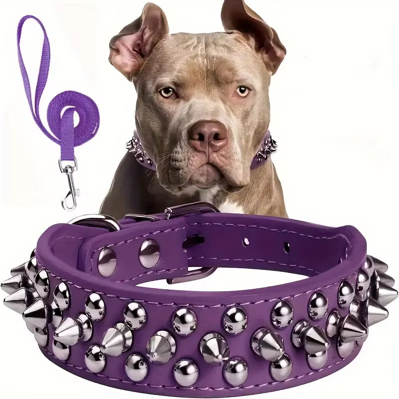 Spiked Dog Collar and Leash Set, Rivet Leather Dog Collar Adjustable Dog Collar for Outdoor Walking