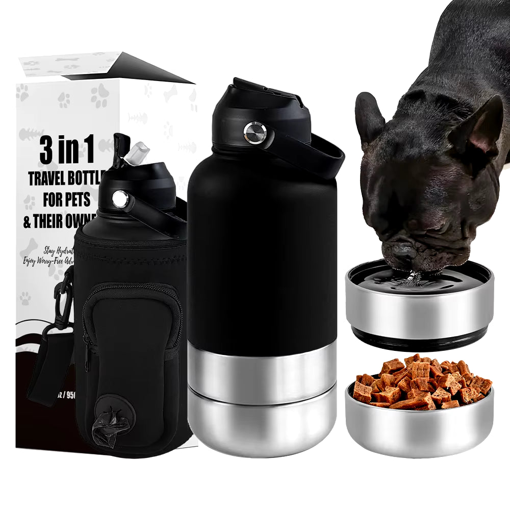 32Oz 3 in 1 Stainless Steel Dog Water Bottle 1000Ml Outdoor Travel Portable Pet Insulated Feeder Dog Bowl Food Bottle