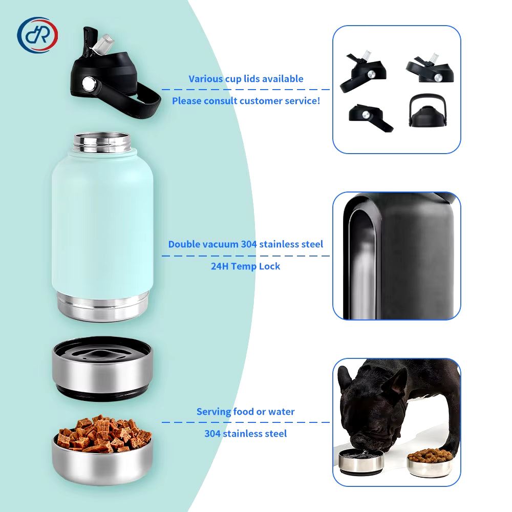 32Oz 3 in 1 Stainless Steel Dog Water Bottle 1000Ml Outdoor Travel Portable Pet Insulated Feeder Dog Bowl Food Bottle