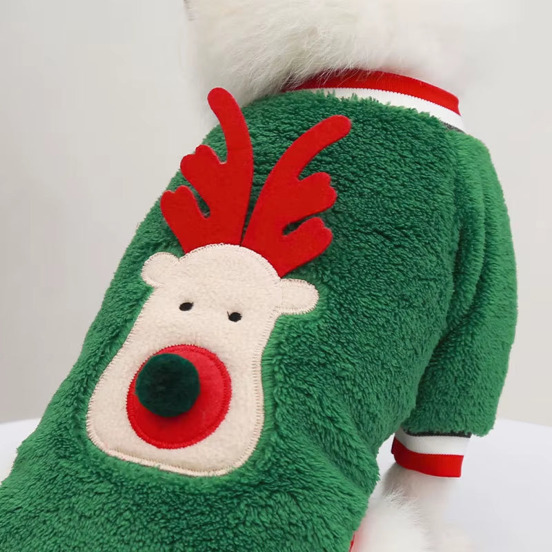 Pet Christmas Hoodie Coral Fleece Suitable for Small Dogs and Cats with Elastic Sleeves Cute Reindeer Warm Winter