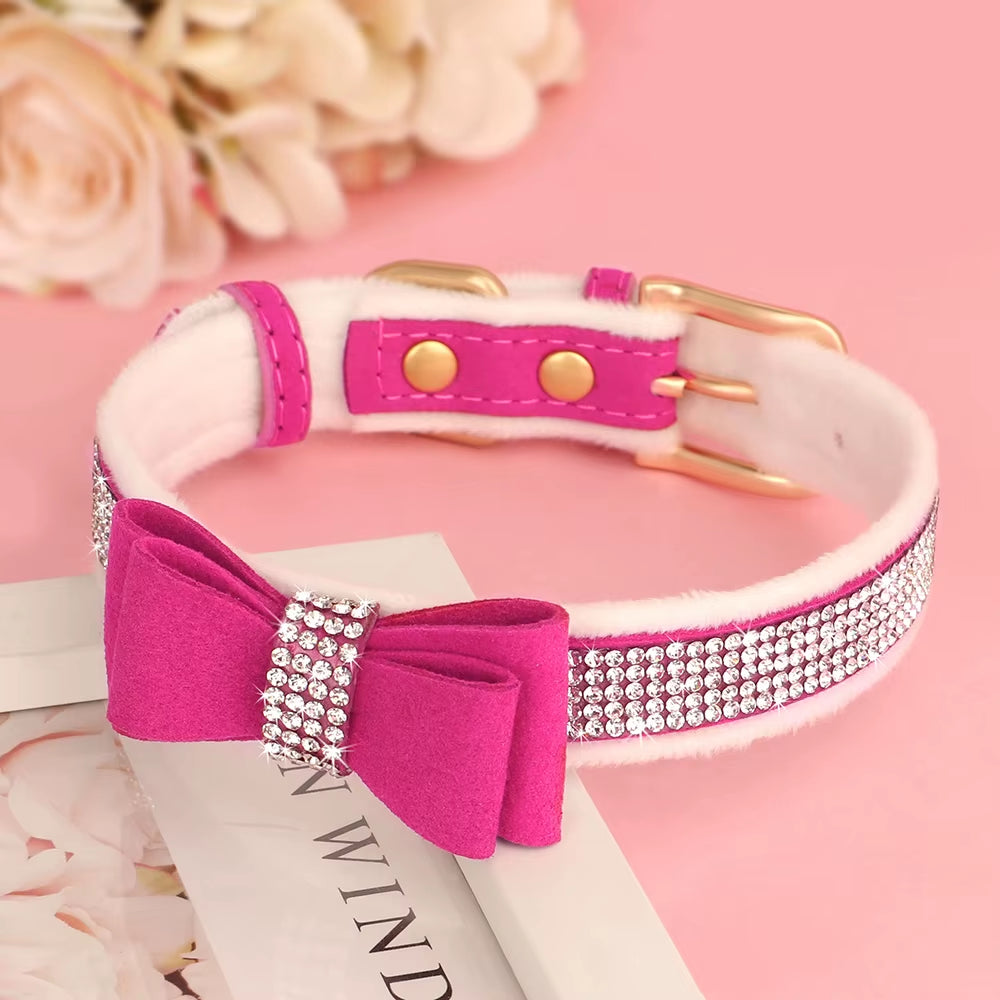 Warm Fur Dog Bow Collar Suede Leather Puppy Dogs Collars Rhinestone Bowtie Pet Necklace for Small Medium Dogs Cats Chihuahua